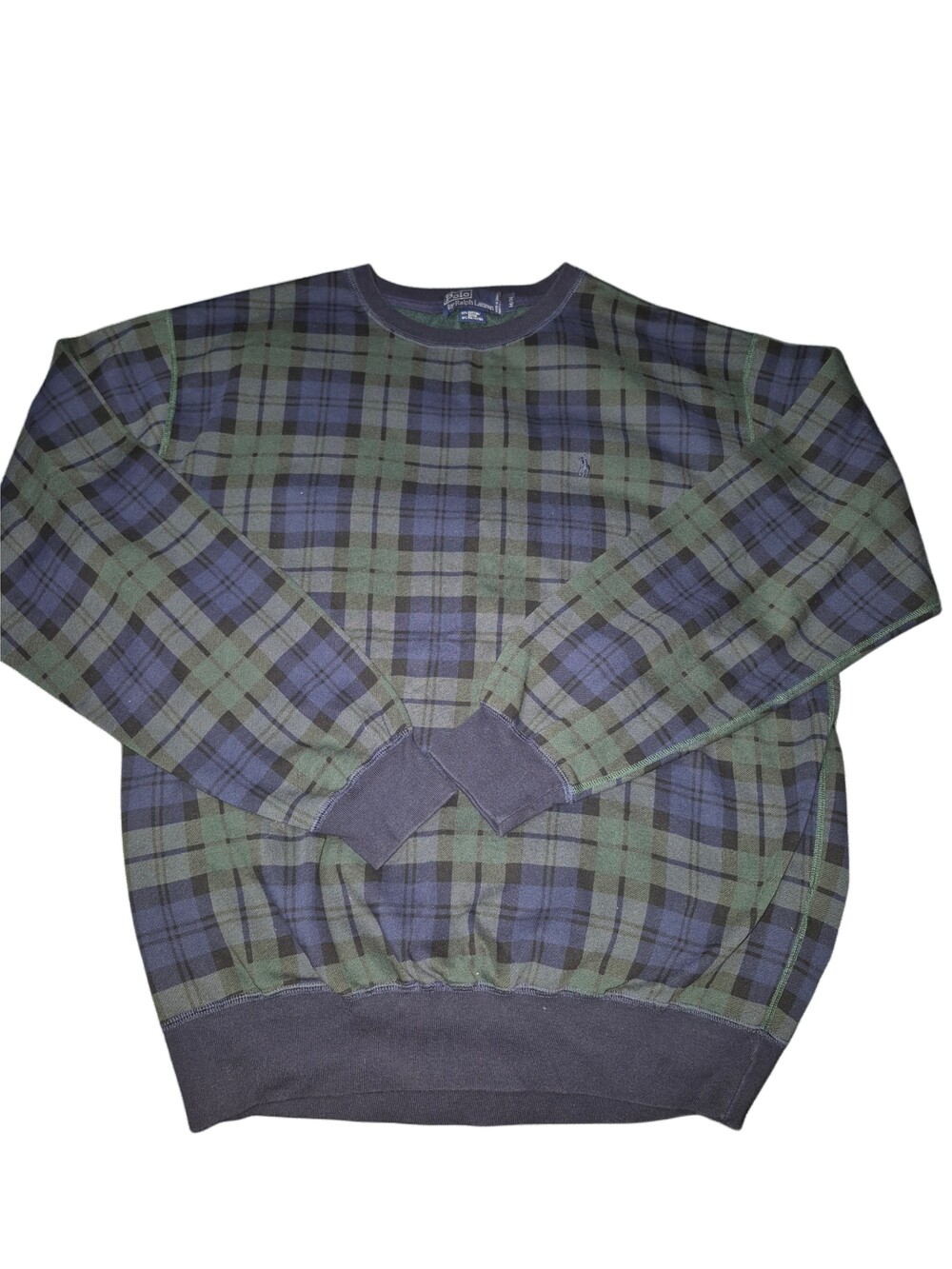 Vintage 90's Polo by Ralph Lauren Black Watch Blue & Green Plaid Sweatshirt M